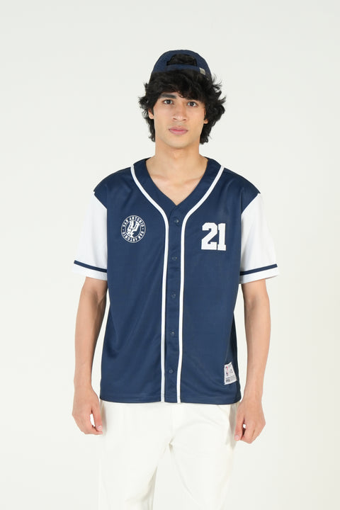 RELAXED FIT MESH BUTTON DOWN BASEBALL JERSEY SHIRT