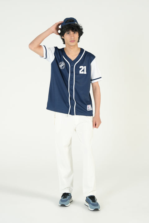 RELAXED FIT MESH BUTTON DOWN BASEBALL JERSEY SHIRT