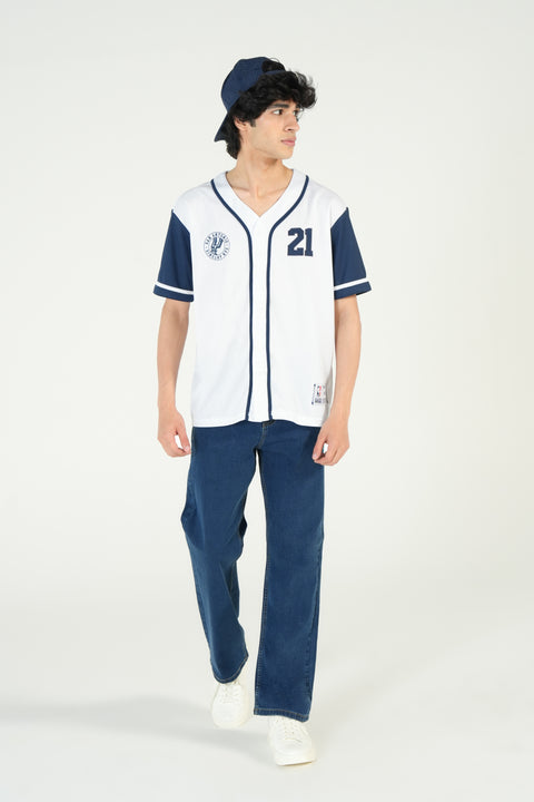 RELAXED FIT MESH BUTTON DOWN BASEBALL JERSEY SHIRT