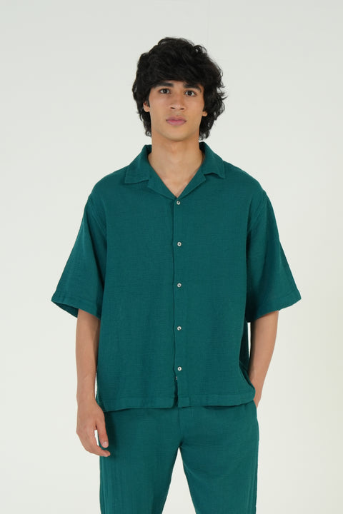 BAGGY FIT TEXTURED RESORT COLLAR SHIRT